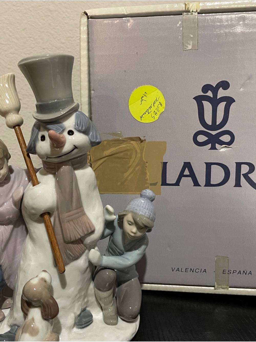 Lladro Porcelain Snowman with Child and Dog - White, Light Blue, Gray